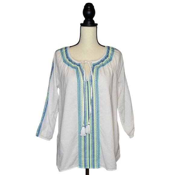 Vineyard Vines top white blue green embroidery tunic style 3/4 sleeve size M - Picture 1 of 9